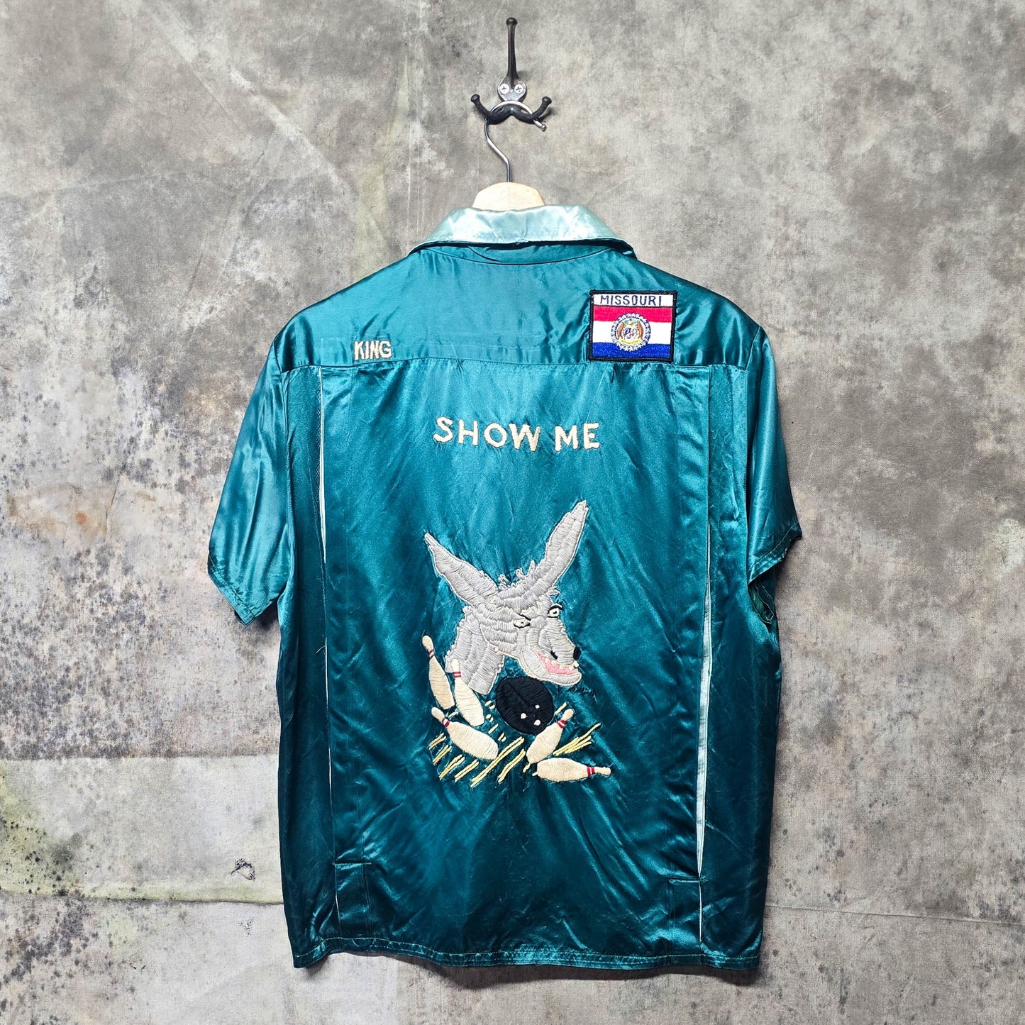 Vintage 1950s Satin Missouri MULES Hand-Embroidered Bowling Shirt