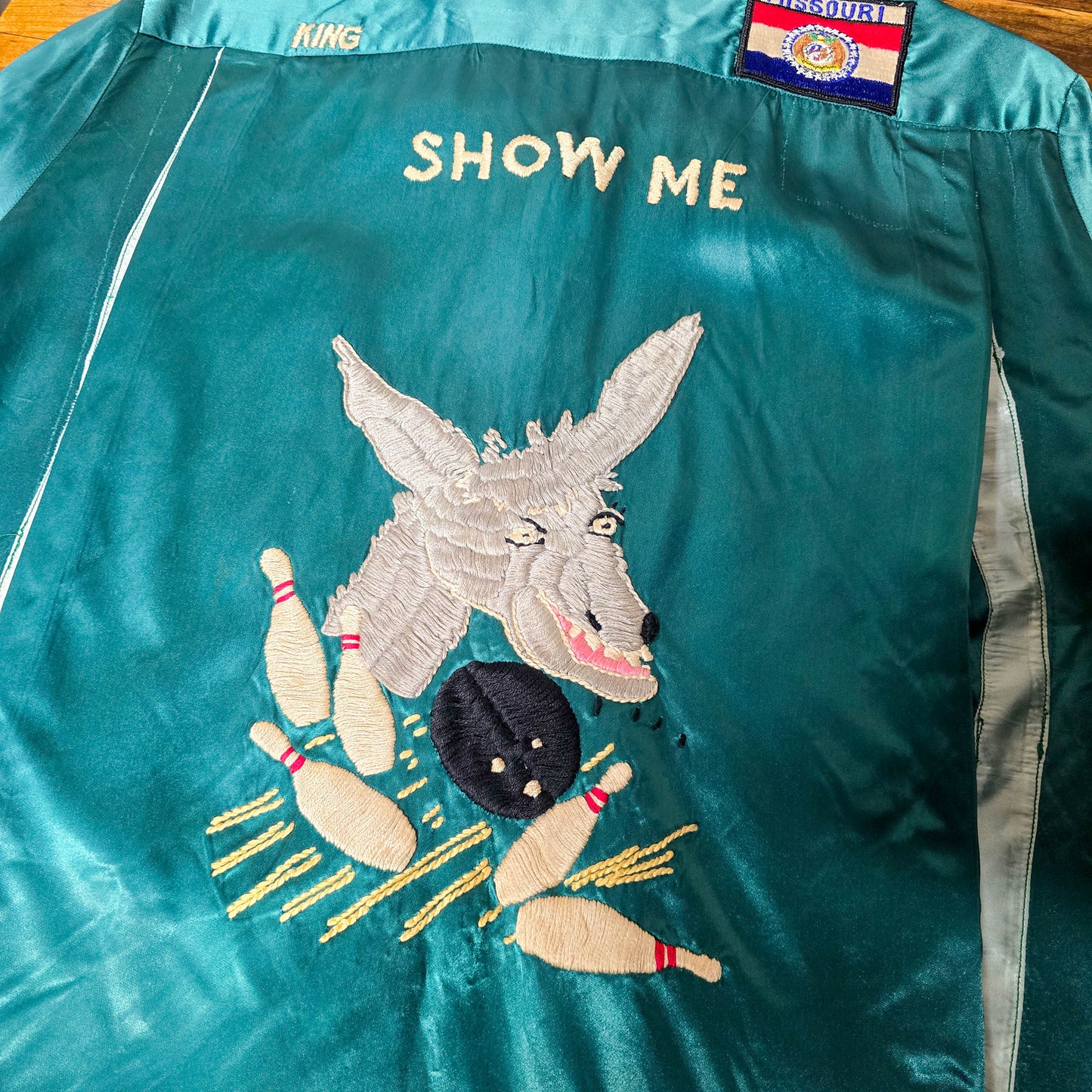 Vintage 1950s Satin Missouri MULES Hand-Embroidered Bowling Shirt