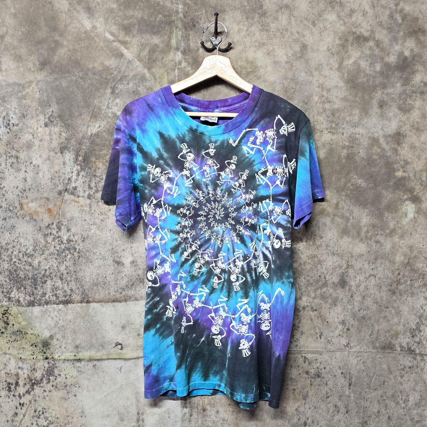 Vintage 1990 Grateful Dead Spiral Dancing Skeleton Liquid Blue Tie Dye Shirt
