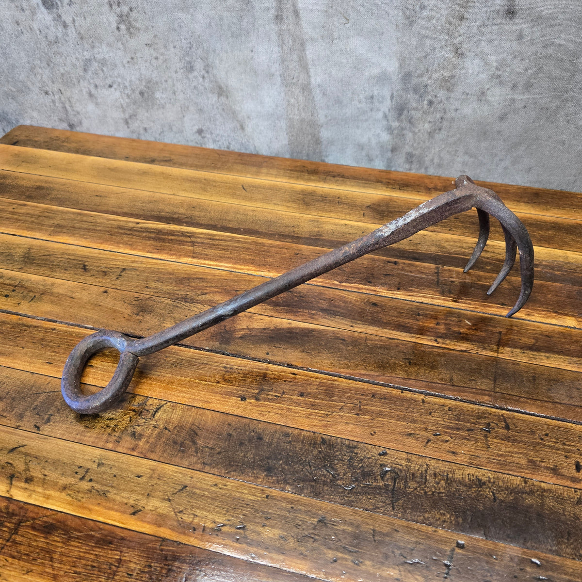 Antique 1900s Hand-Forged Iron Three-Tine Drag Hook Primitive Farm Rake Ring Handle Wall Decor