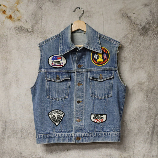 Vintage 1970s Sears Roebucks Patched Harley Davidson Denim Vest