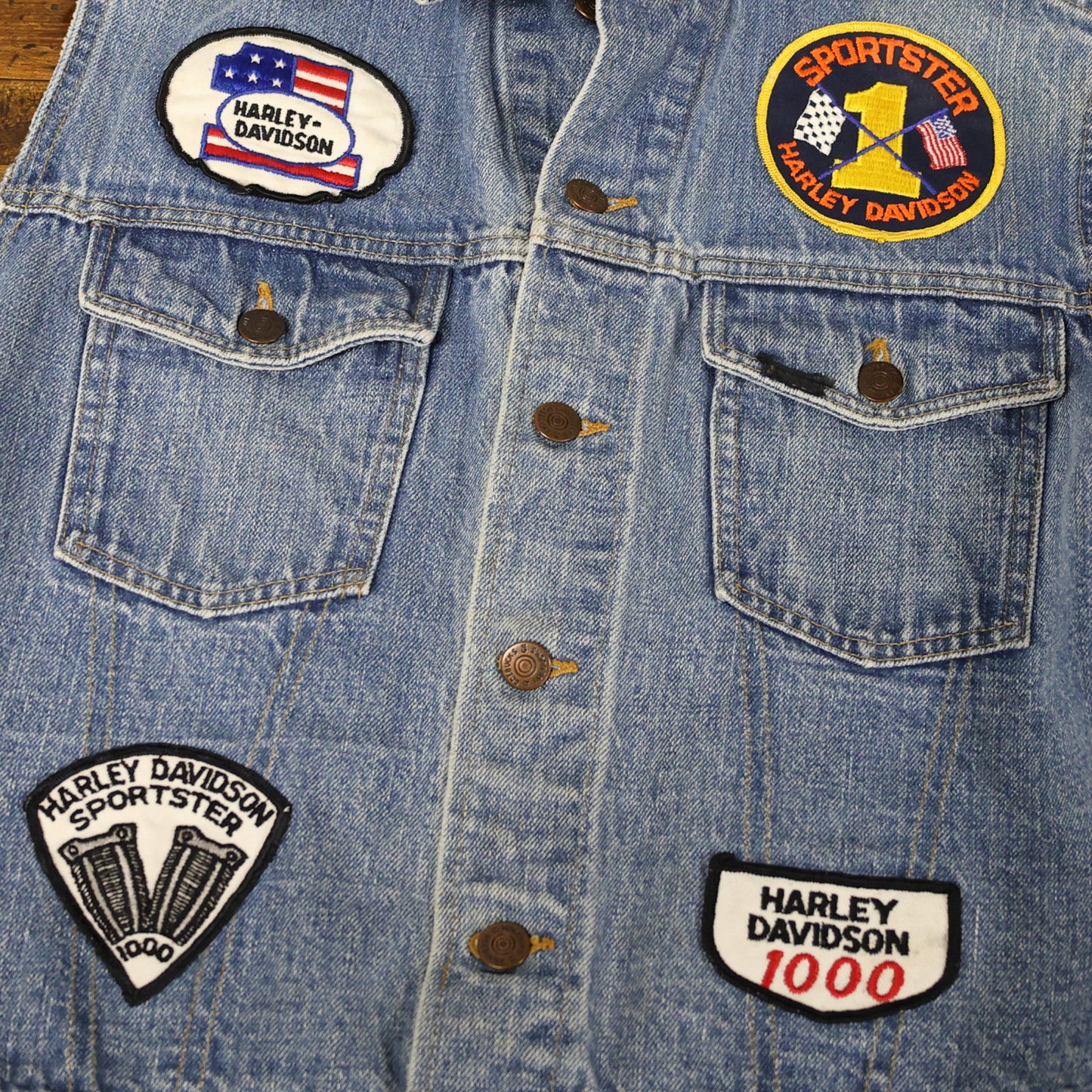 Vintage 1970s Sears Roebucks Patched Harley Davidson Denim Vest