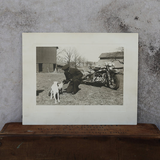 Vintage 1950s US Navy Sailor with Harley Davidson & Dogs Photograph